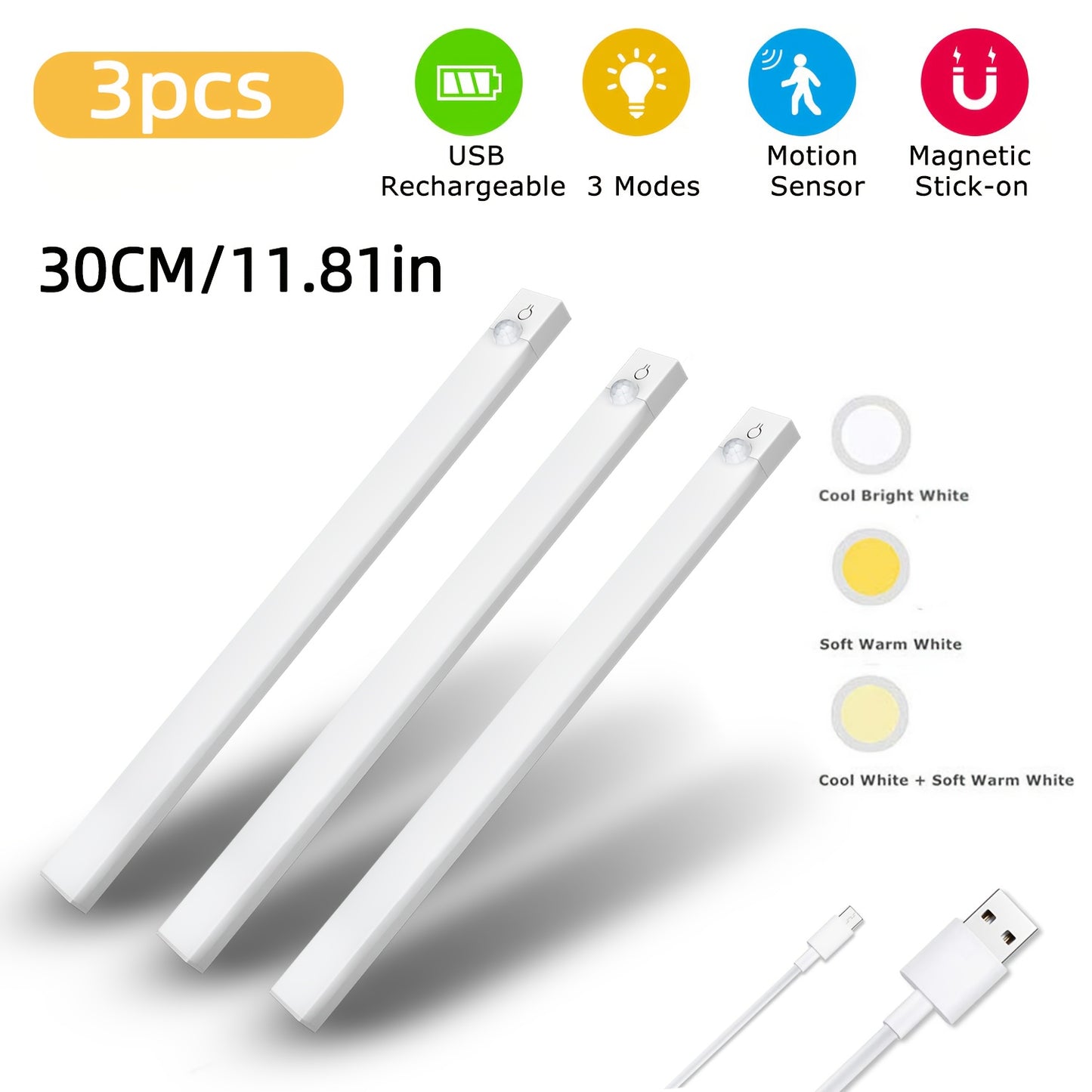 3-Pack: USB Rechargeable Smart LED Under Cabinet Lighting | Motion Sensor, 3-Color (3000K-4500K-6000K) and Dimmable