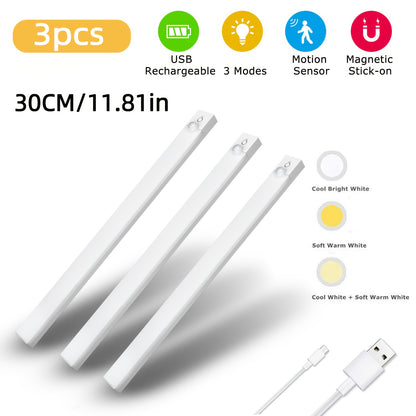 3-Pack: USB Rechargeable Smart LED Under Cabinet Lighting | Motion Sensor, 3-Color (3000K-4500K-6000K) and Dimmable