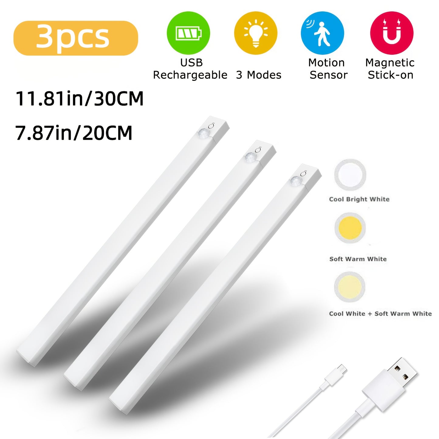 3-Pack: USB Rechargeable Smart LED Under Cabinet Lighting | Motion Sensor, 3-Color (3000K-4500K-6000K) and Dimmable